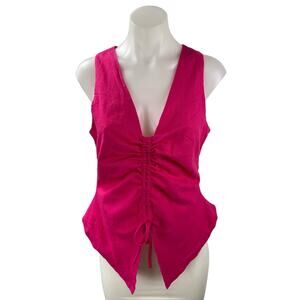 NEW Seven Wonders Pink Sleeveless Deep V Neck Ruched Tank Blouse Top Size L